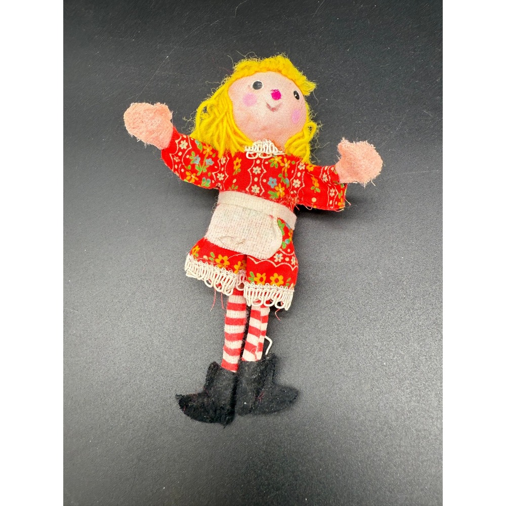 Vintage Handmade Christmas Ornament Fabric Doll Red Dress Blonde Yarn‎ Hair